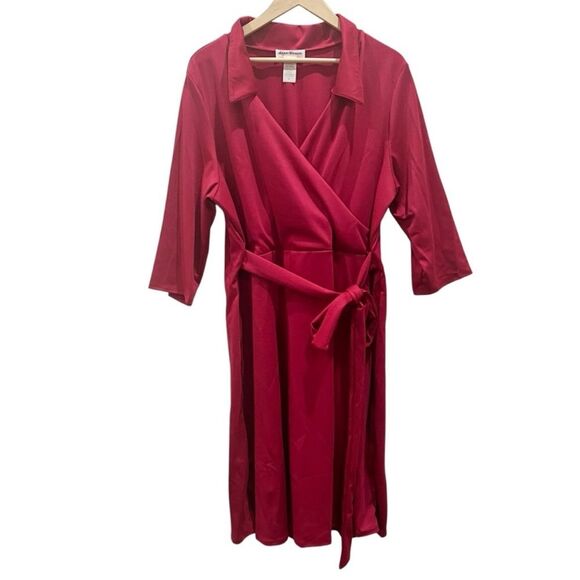 Berry Red Faux Wrap Collared Dress 3/4 Sleeve Tie Waist Plus Size 1X NWOT - Picture 2 of 6